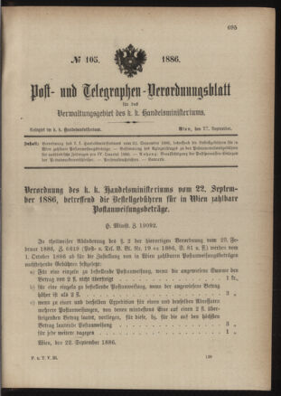 Post- und Telegraphen-Verordnungsblatt für das Verwaltungsgebiet des K.-K. Handelsministeriums 18860927 Seite: 1