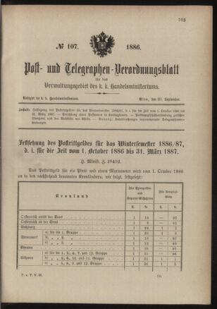 Post- und Telegraphen-Verordnungsblatt für das Verwaltungsgebiet des K.-K. Handelsministeriums 18860930 Seite: 1