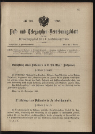 Post- und Telegraphen-Verordnungsblatt für das Verwaltungsgebiet des K.-K. Handelsministeriums 18861001 Seite: 1