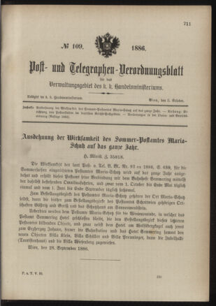 Post- und Telegraphen-Verordnungsblatt für das Verwaltungsgebiet des K.-K. Handelsministeriums 18861008 Seite: 1