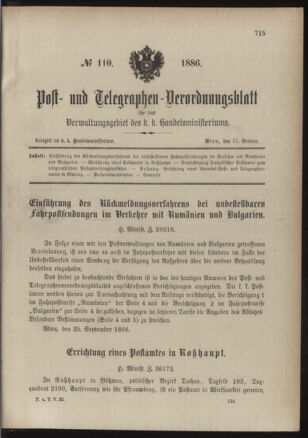 Post- und Telegraphen-Verordnungsblatt für das Verwaltungsgebiet des K.-K. Handelsministeriums 18861010 Seite: 1