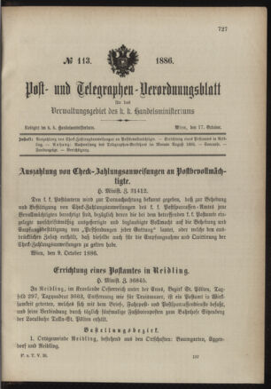 Post- und Telegraphen-Verordnungsblatt für das Verwaltungsgebiet des K.-K. Handelsministeriums 18861017 Seite: 1