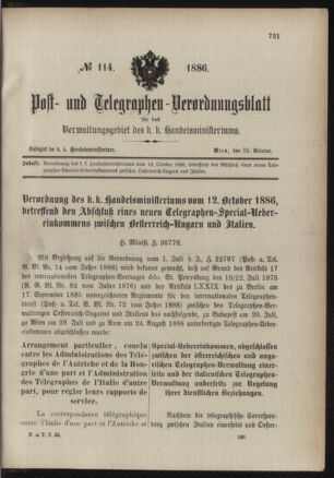 Post- und Telegraphen-Verordnungsblatt für das Verwaltungsgebiet des K.-K. Handelsministeriums 18861023 Seite: 1