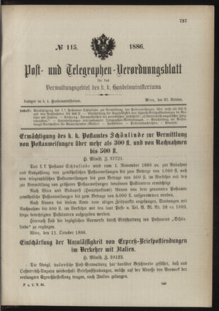 Post- und Telegraphen-Verordnungsblatt für das Verwaltungsgebiet des K.-K. Handelsministeriums 18861025 Seite: 1