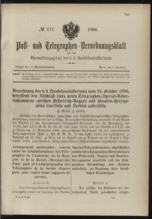 Post- und Telegraphen-Verordnungsblatt für das Verwaltungsgebiet des K.-K. Handelsministeriums 18861102 Seite: 1