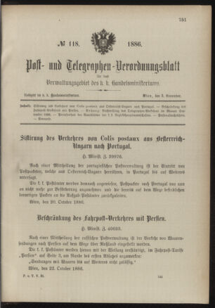 Post- und Telegraphen-Verordnungsblatt für das Verwaltungsgebiet des K.-K. Handelsministeriums 18861103 Seite: 1