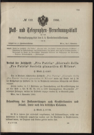 Post- und Telegraphen-Verordnungsblatt für das Verwaltungsgebiet des K.-K. Handelsministeriums 18861106 Seite: 1