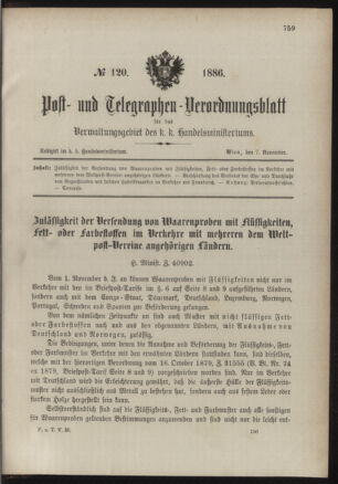 Post- und Telegraphen-Verordnungsblatt für das Verwaltungsgebiet des K.-K. Handelsministeriums 18861107 Seite: 1