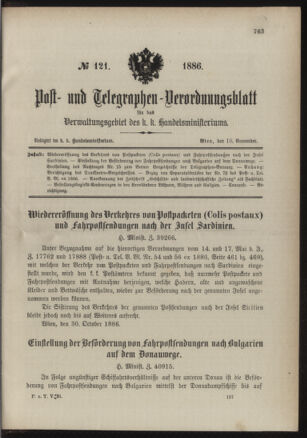 Post- und Telegraphen-Verordnungsblatt für das Verwaltungsgebiet des K.-K. Handelsministeriums 18861110 Seite: 1