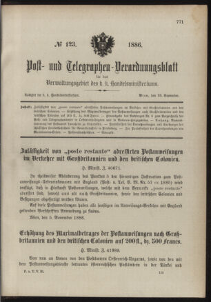 Post- und Telegraphen-Verordnungsblatt für das Verwaltungsgebiet des K.-K. Handelsministeriums 18861118 Seite: 1