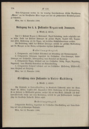 Post- und Telegraphen-Verordnungsblatt für das Verwaltungsgebiet des K.-K. Handelsministeriums 18861120 Seite: 2