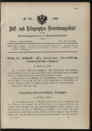 Post- und Telegraphen-Verordnungsblatt für das Verwaltungsgebiet des K.-K. Handelsministeriums 18861125 Seite: 1