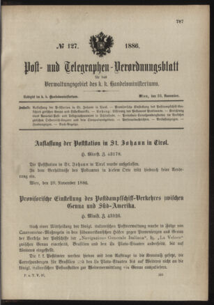 Post- und Telegraphen-Verordnungsblatt für das Verwaltungsgebiet des K.-K. Handelsministeriums 18861128 Seite: 1