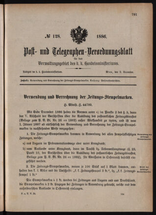 Post- und Telegraphen-Verordnungsblatt für das Verwaltungsgebiet des K.-K. Handelsministeriums 18861202 Seite: 1