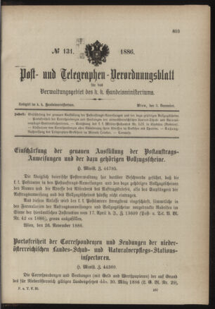 Post- und Telegraphen-Verordnungsblatt für das Verwaltungsgebiet des K.-K. Handelsministeriums 18861209 Seite: 1