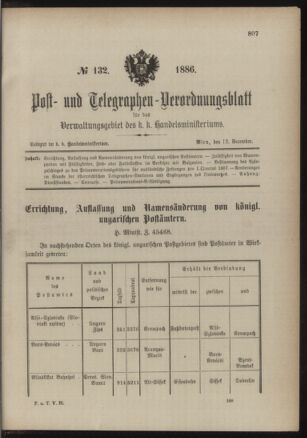 Post- und Telegraphen-Verordnungsblatt für das Verwaltungsgebiet des K.-K. Handelsministeriums 18861212 Seite: 1