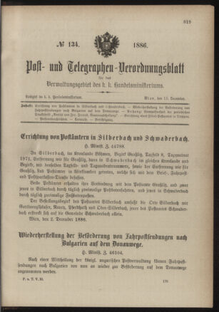 Post- und Telegraphen-Verordnungsblatt für das Verwaltungsgebiet des K.-K. Handelsministeriums 18861215 Seite: 1