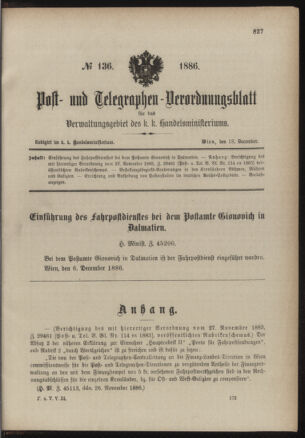 Post- und Telegraphen-Verordnungsblatt für das Verwaltungsgebiet des K.-K. Handelsministeriums 18861218 Seite: 1