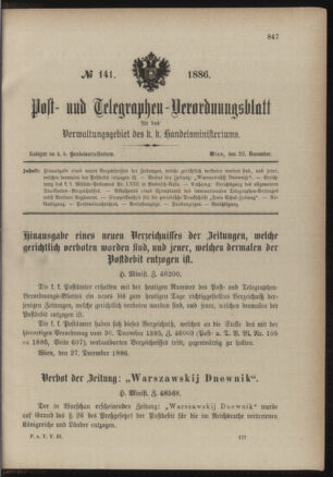 Post- und Telegraphen-Verordnungsblatt für das Verwaltungsgebiet des K.-K. Handelsministeriums 18861228 Seite: 1