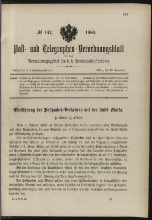 Post- und Telegraphen-Verordnungsblatt für das Verwaltungsgebiet des K.-K. Handelsministeriums 18861229 Seite: 1