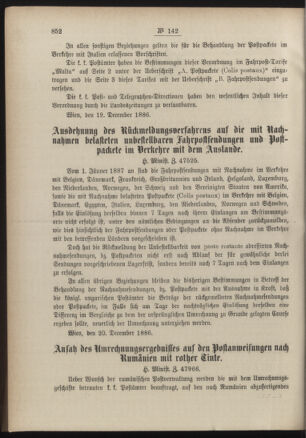 Post- und Telegraphen-Verordnungsblatt für das Verwaltungsgebiet des K.-K. Handelsministeriums 18861229 Seite: 2