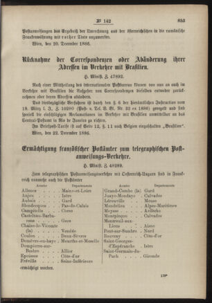 Post- und Telegraphen-Verordnungsblatt für das Verwaltungsgebiet des K.-K. Handelsministeriums 18861229 Seite: 3