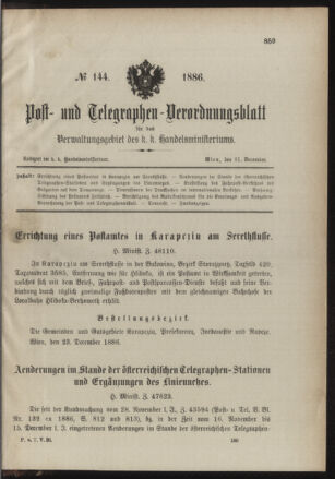 Post- und Telegraphen-Verordnungsblatt für das Verwaltungsgebiet des K.-K. Handelsministeriums 18861231 Seite: 1