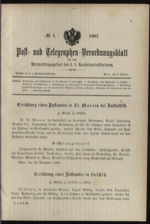 Post- und Telegraphen-Verordnungsblatt für das Verwaltungsgebiet des K.-K. Handelsministeriums 18870108 Seite: 1