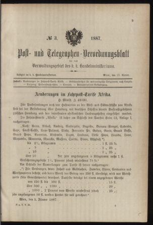 Post- und Telegraphen-Verordnungsblatt für das Verwaltungsgebiet des K.-K. Handelsministeriums 18870115 Seite: 1