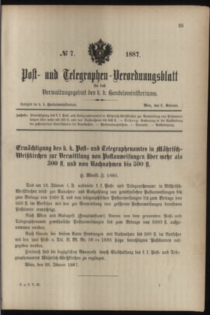 Post- und Telegraphen-Verordnungsblatt für das Verwaltungsgebiet des K.-K. Handelsministeriums 18870208 Seite: 1