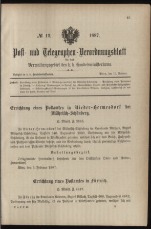 Post- und Telegraphen-Verordnungsblatt für das Verwaltungsgebiet des K.-K. Handelsministeriums 18870217 Seite: 1