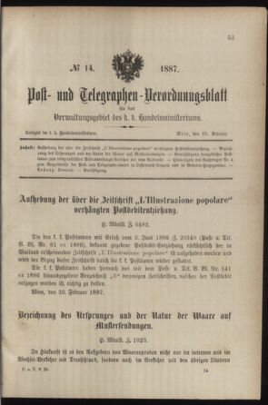 Post- und Telegraphen-Verordnungsblatt für das Verwaltungsgebiet des K.-K. Handelsministeriums 18870225 Seite: 1