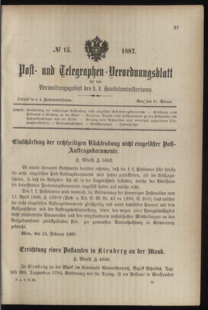 Post- und Telegraphen-Verordnungsblatt für das Verwaltungsgebiet des K.-K. Handelsministeriums 18870226 Seite: 1