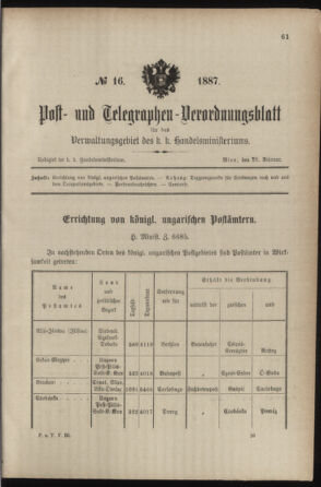 Post- und Telegraphen-Verordnungsblatt für das Verwaltungsgebiet des K.-K. Handelsministeriums 18870228 Seite: 1