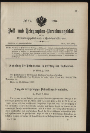 Post- und Telegraphen-Verordnungsblatt für das Verwaltungsgebiet des K.-K. Handelsministeriums 18870304 Seite: 1