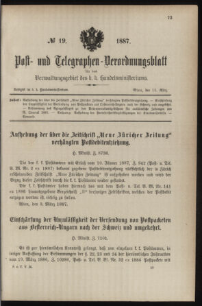 Post- und Telegraphen-Verordnungsblatt für das Verwaltungsgebiet des K.-K. Handelsministeriums 18870314 Seite: 1