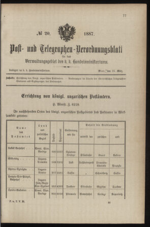 Post- und Telegraphen-Verordnungsblatt für das Verwaltungsgebiet des K.-K. Handelsministeriums 18870315 Seite: 1