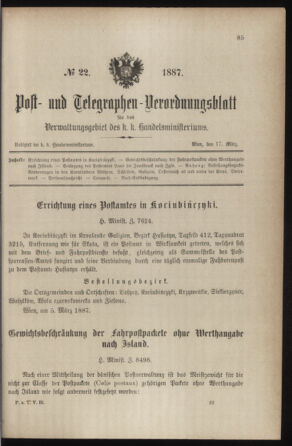 Post- und Telegraphen-Verordnungsblatt für das Verwaltungsgebiet des K.-K. Handelsministeriums 18870317 Seite: 1