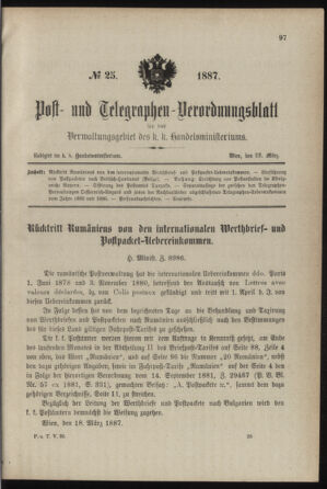 Post- und Telegraphen-Verordnungsblatt für das Verwaltungsgebiet des K.-K. Handelsministeriums 18870323 Seite: 1