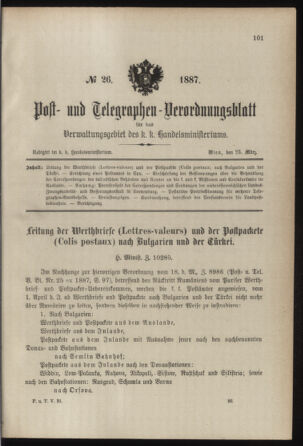 Post- und Telegraphen-Verordnungsblatt für das Verwaltungsgebiet des K.-K. Handelsministeriums 18870325 Seite: 1