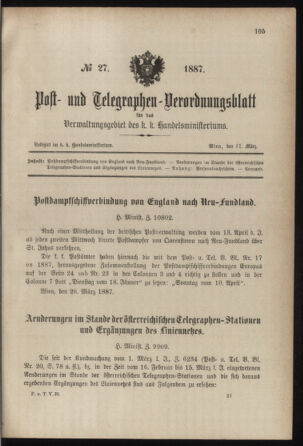 Post- und Telegraphen-Verordnungsblatt für das Verwaltungsgebiet des K.-K. Handelsministeriums 18870331 Seite: 1