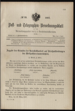 Post- und Telegraphen-Verordnungsblatt für das Verwaltungsgebiet des K.-K. Handelsministeriums 18870406 Seite: 1