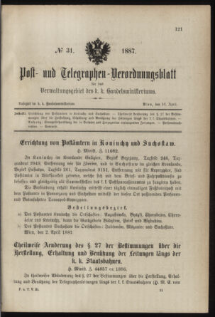 Post- und Telegraphen-Verordnungsblatt für das Verwaltungsgebiet des K.-K. Handelsministeriums 18870416 Seite: 1