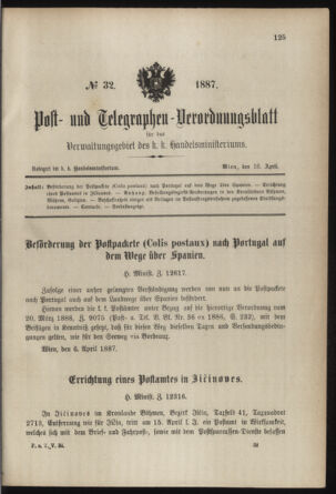 Post- und Telegraphen-Verordnungsblatt für das Verwaltungsgebiet des K.-K. Handelsministeriums 18870418 Seite: 1