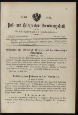 Post- und Telegraphen-Verordnungsblatt für das Verwaltungsgebiet des K.-K. Handelsministeriums 18870423 Seite: 1