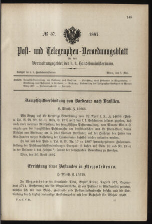 Post- und Telegraphen-Verordnungsblatt für das Verwaltungsgebiet des K.-K. Handelsministeriums 18870508 Seite: 1