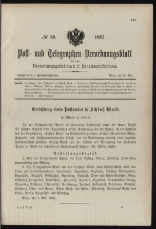 Post- und Telegraphen-Verordnungsblatt für das Verwaltungsgebiet des K.-K. Handelsministeriums 18870510 Seite: 1