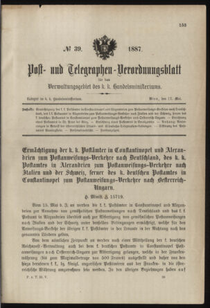 Post- und Telegraphen-Verordnungsblatt für das Verwaltungsgebiet des K.-K. Handelsministeriums 18870512 Seite: 1