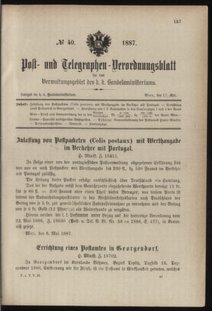 Post- und Telegraphen-Verordnungsblatt für das Verwaltungsgebiet des K.-K. Handelsministeriums 18870517 Seite: 1