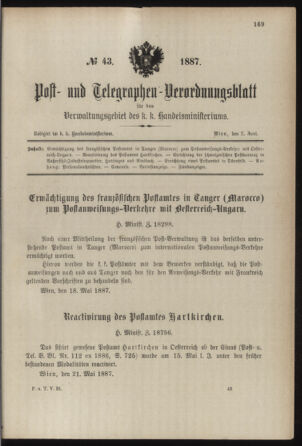 Post- und Telegraphen-Verordnungsblatt für das Verwaltungsgebiet des K.-K. Handelsministeriums 18870602 Seite: 1